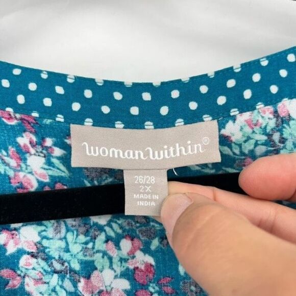 Woman Within Women's Floral Polka Dot V-Neck 3/4 Sleeve Blouse Top Blue Size 2X - Picture 3 of 9